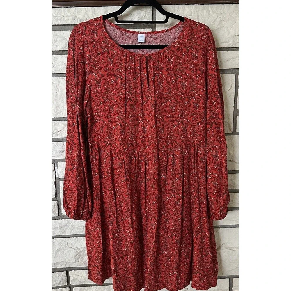Old Navy Women's Sz Small Floral Long Sleeve Dress Orange Babydoll Prairie